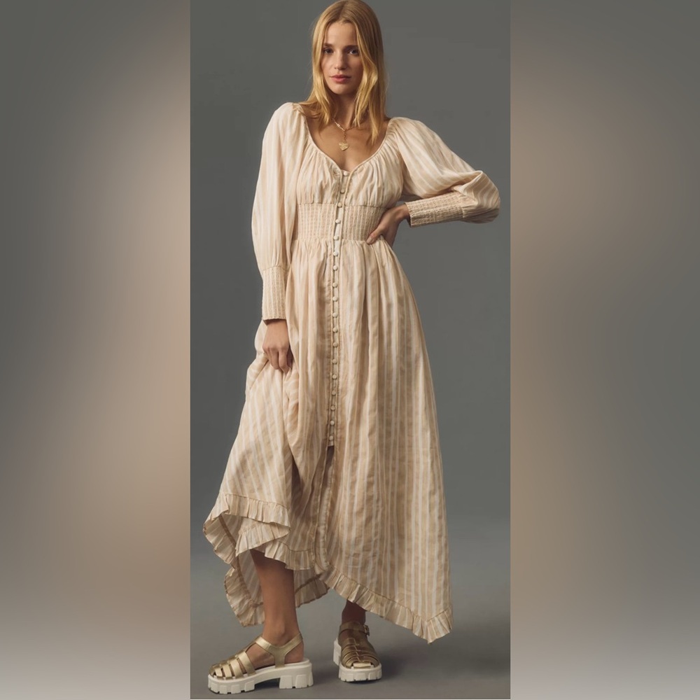 Anthropologie Sweetheart Midi Tan Stripe Dress NWT Size Small